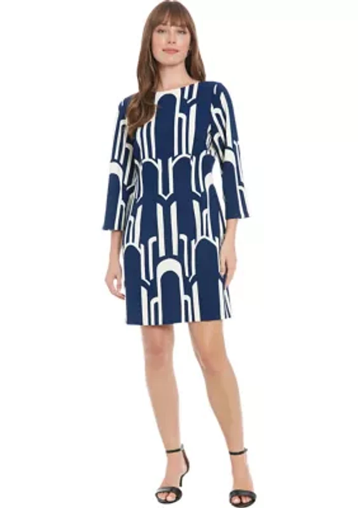 Women's 3/4 Sleeve Printed Crew Neck A-Line Dress