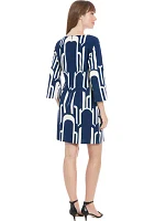 Women's 3/4 Sleeve Printed Crew Neck A-Line Dress