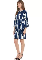 Women's 3/4 Sleeve Printed Crew Neck A-Line Dress