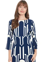 Women's 3/4 Sleeve Printed Crew Neck A-Line Dress