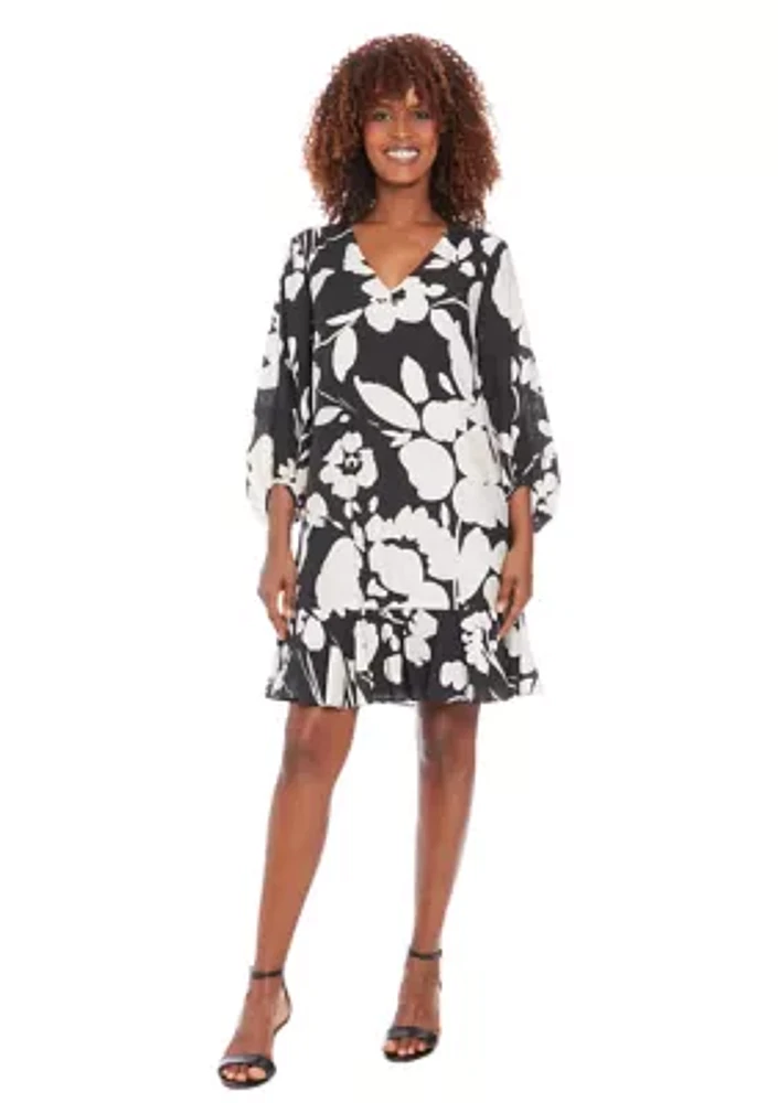 Women's 3/4 Sleeve V-Neck Floral Print A-Line Dress