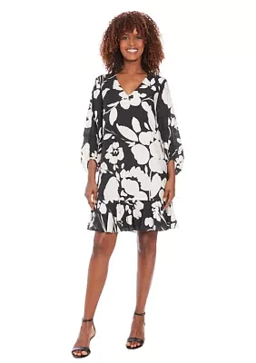 Women's 3/4 Sleeve V-Neck Floral Print A-Line Dress