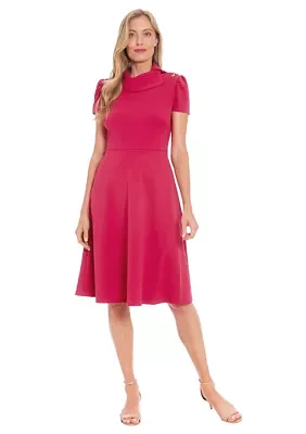 Women's Short Sleeve Asymmetrical Neck Solid Fit and Flare Dress