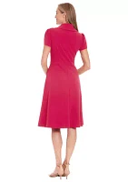 Women's Short Sleeve Asymmetrical Neck Solid Fit and Flare Dress