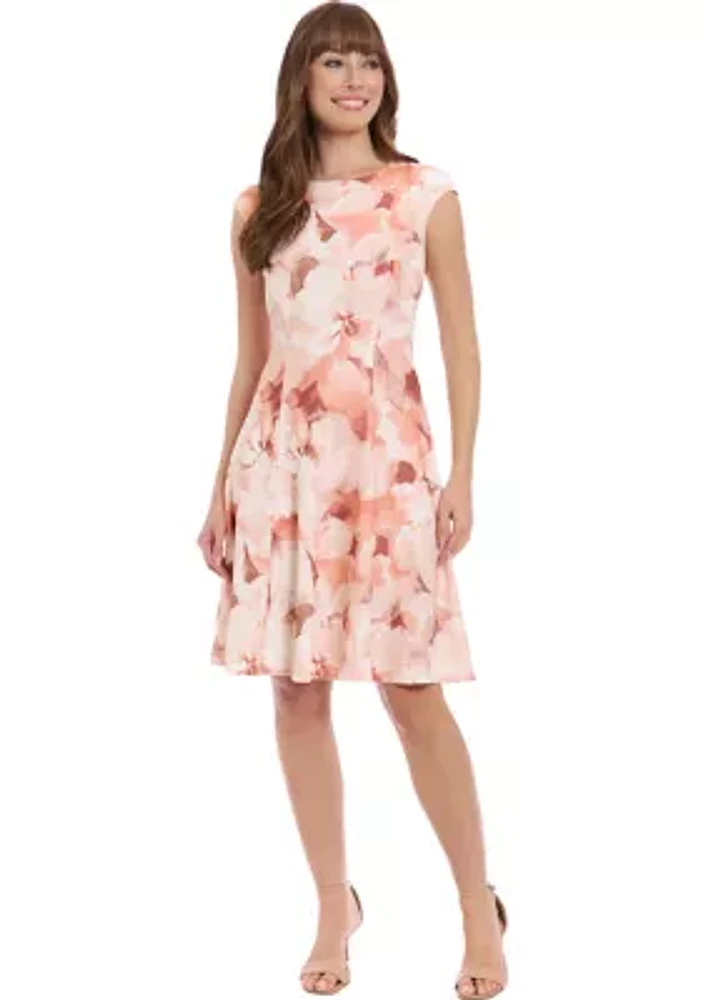 Women's Floral Printed Scuba Crepe Fit and Flare Dress