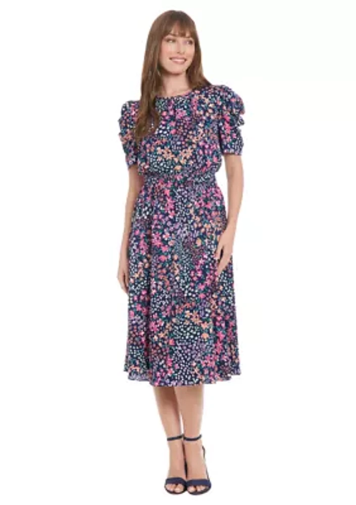 Women's Printed Bubble Crepe Shirred Jewel Neck Pleated Ruched Sleeve Midi Dress