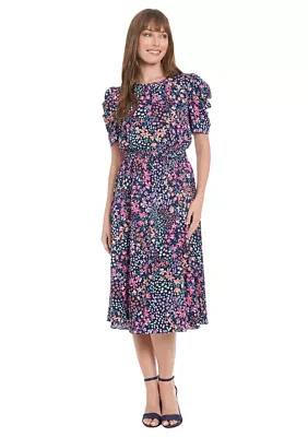 Women's Printed Bubble Crepe Shirred Jewel Neck Pleated Ruched Sleeve Midi Dress
