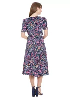 Women's Printed Bubble Crepe Shirred Jewel Neck Pleated Ruched Sleeve Midi Dress