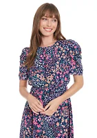 Women's Printed Bubble Crepe Shirred Jewel Neck Pleated Ruched Sleeve Midi Dress