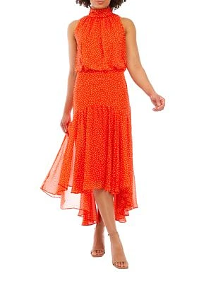 Women's Sleeveless Halter Neck Smocked Fit and Flare Midi Dress