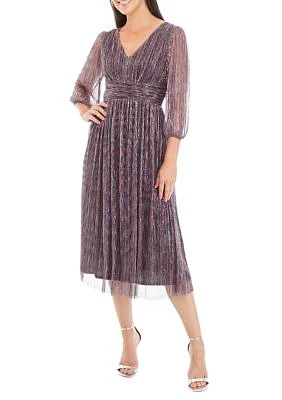 Women's Blouson Sleeve Metallic Foil Pleated Midi Dress