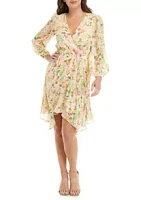 Taylor Women's Long Sleeve V-Neck Tie Waist Floral Chiffon Dress