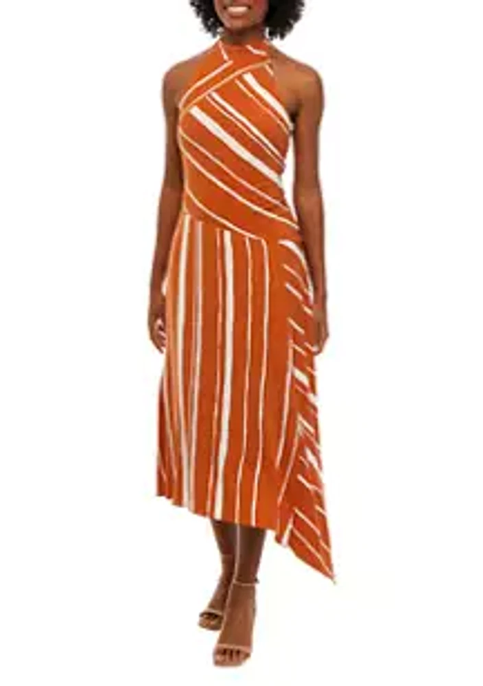 Taylor Women's Sleeveless Halter Stripe Asymmetrical Midi Dress
