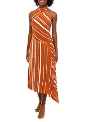 Taylor Women's Sleeveless Halter Stripe Asymmetrical Midi Dress