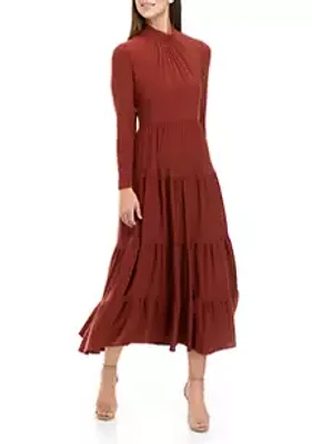 Taylor Women's Long Sleeve Mock Neck Solid Tier Midi Dress