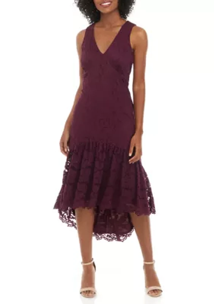 Women's Sleeveless V-Neck Lace Fit-and-Flare Midi Dress