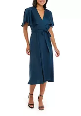 Taylor Women's Short Sleeve Surplice Solid Satin Crepe Dress