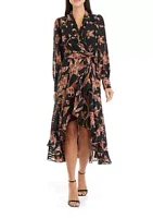 Taylor Women's Long Sleeve Floral Print Satin Stripe Midi Dress