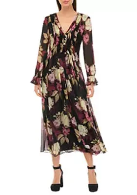 Taylor Women's Long Sleeve V-Neck Floral Pleated Chiffon Dress
