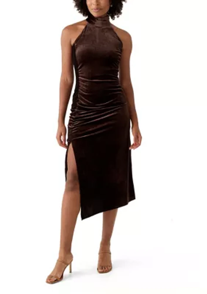 Women's Sleeveless Halter Neck Side Ruched Slit Midi Dress