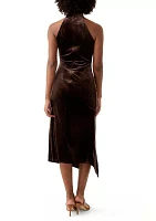 Women's Sleeveless Halter Neck Side Ruched Slit Midi Dress