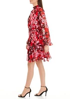 Women's Long Sleeve Mock Neck Smocked Waist Floral Print Fit and Flare Dress