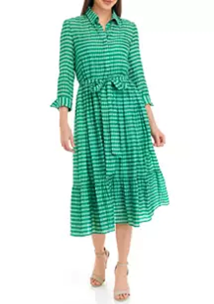 Taylor Women's 3/4 Sleeve Collar Neck Tie Waist Striped Fit and Flare Dress