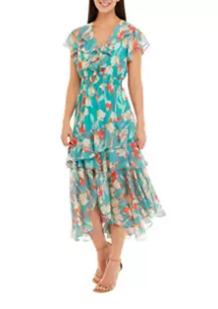 Taylor Women's Short Sleeve V-Neck Ruffle Floral Chiffon Dress