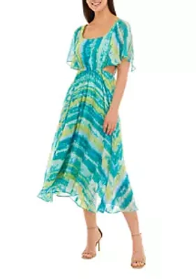 Taylor Women's Short Sleeve Square Neck Cut Out Stripe Print Fit and Flare Midi Dress