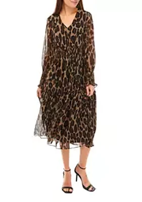 Taylor Women's Smocked Long Sleeve Animal Print Fit and Flare Dress