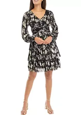 Taylor Women's Long Sleeve V-Neck Printed Foil Fit and Flare Dress