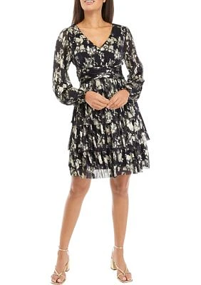 Women's Long Sleeve V-Neck Printed Foil Fit and Flare Dress