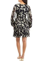 Women's Long Sleeve V-Neck Printed Foil Fit and Flare Dress