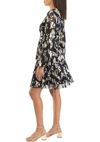 Women's Long Sleeve V-Neck Printed Foil Fit and Flare Dress