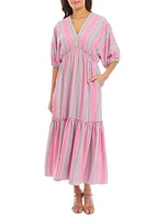 Women's Elbow Sleeve Striped Tiered Midi Dress