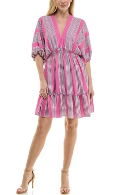 Women's Elbow Sleeve V-Neck Smocked Waist Stripe Print Fit and Flare Dress