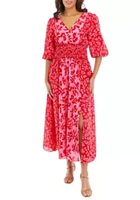 Taylor Women's Elbow Sleeve V-Neck Smocked Waist Floral Print Midi Dress