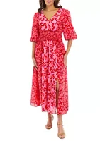 Taylor Women's Elbow Sleeve V-Neck Smocked Waist Floral Print Midi Dress