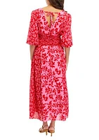 Women's Elbow Sleeve V-Neck Smocked Waist Floral Print Midi Dress