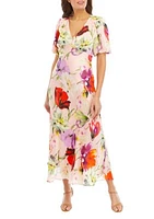 Women's Short Sleeve Chiffon V-Neck Floral Print Midi Dress