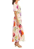 Women's Short Sleeve Chiffon V-Neck Floral Print Midi Dress