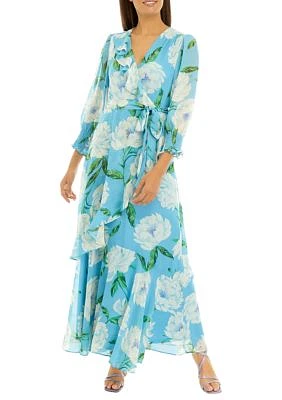 Women's Long Sleeve V-Neck Chiffon Floral Print Maxi Dress