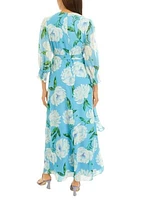 Women's Long Sleeve V-Neck Chiffon Floral Print Maxi Dress