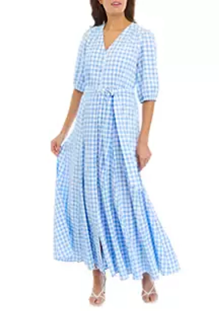 Taylor Women's 3/4 Sleeve Tie Waist Gingham Print Midi Dress