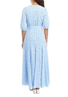 Women's 3/4 Sleeve Tie Waist Gingham Print Midi Dress