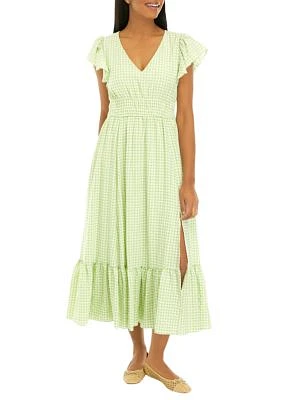 Women's Short Sleeve V-Neck Gingham Print Midi Dress