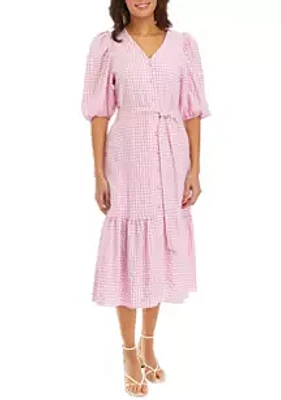 Taylor Women's 3/4 Sleeve V-Neck Gingham Print Tie Waist Midi Dress