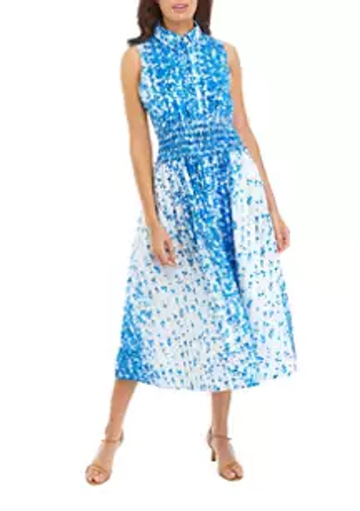 Taylor Women's Sleeveless Smocked Waist Printed Fit and Flare Dress