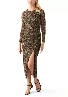 Women's Long Sleeve Mesh Crew Neck Printed Midi Sheath Dress with Side Slit