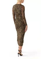 Women's Long Sleeve Mesh Crew Neck Printed Midi Sheath Dress with Side Slit